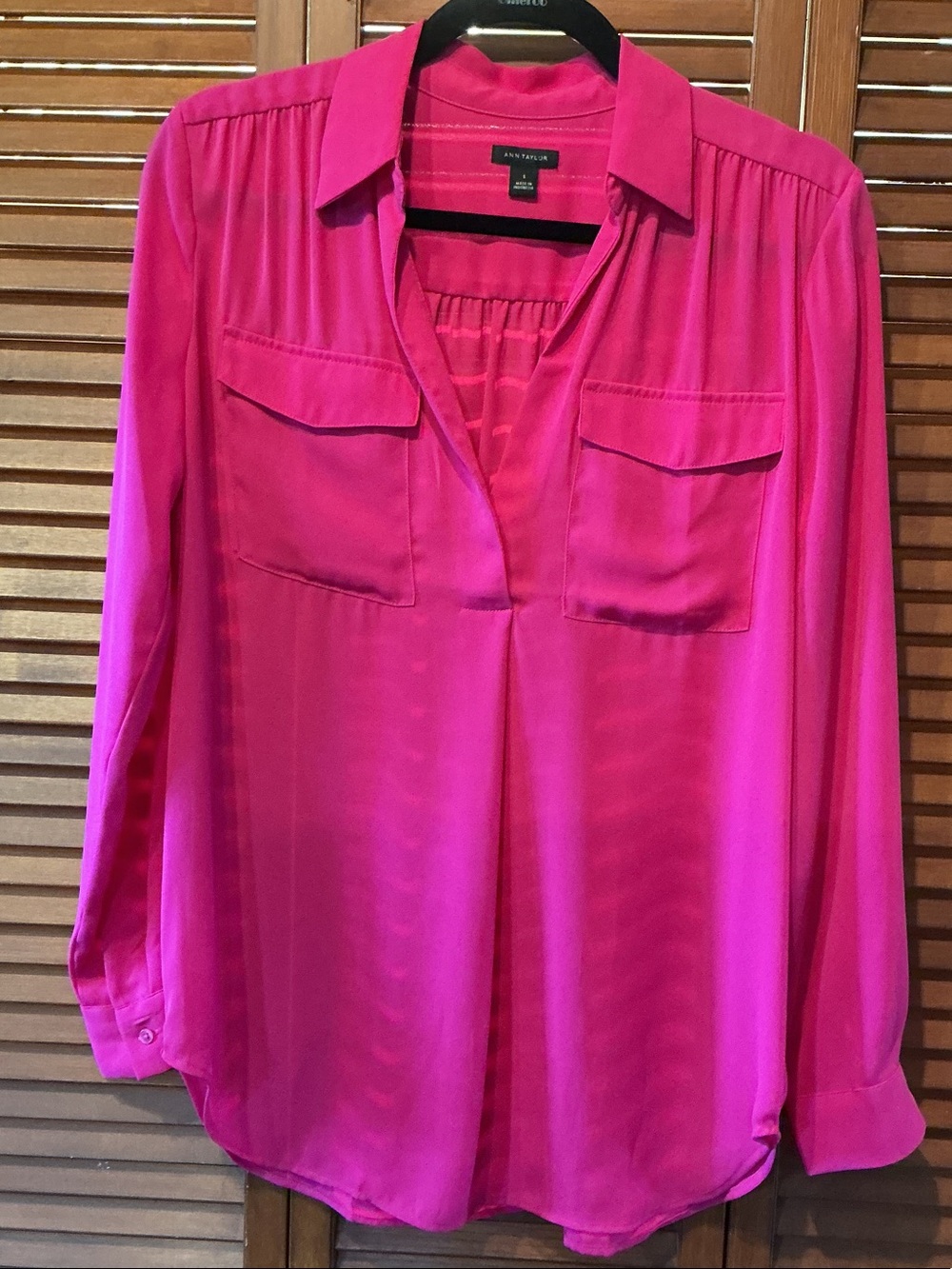 Ann Taylor Hot Pink Long-Sleeve V-Neck Blouse